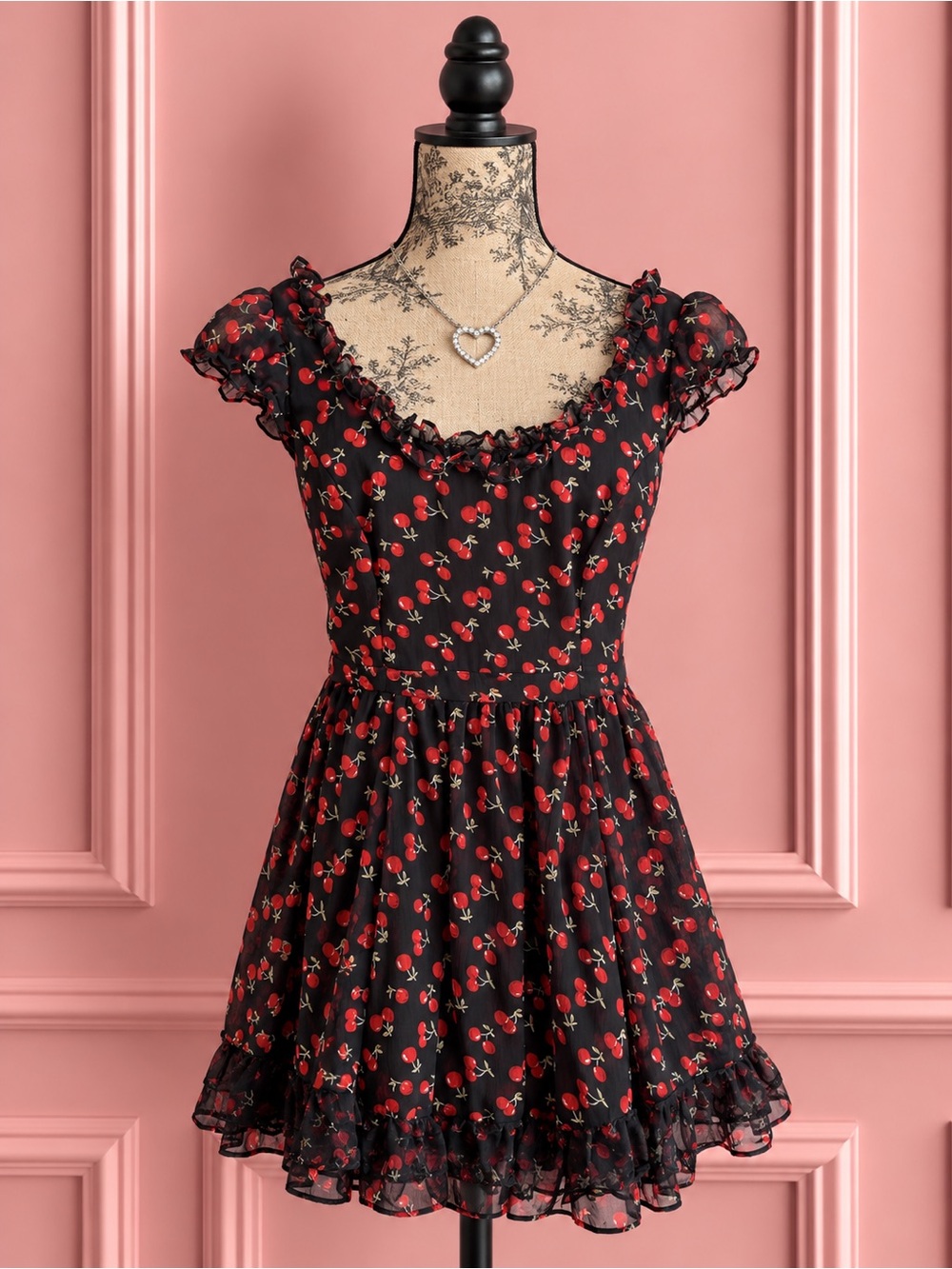Vintage Tripp NYC Black Chiffon Cherry Print Ruffle Dress Size XS